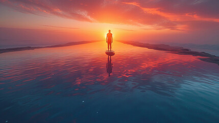 Fototapeta premium Serene Morning: Surfer's Reflection on Calm Waters