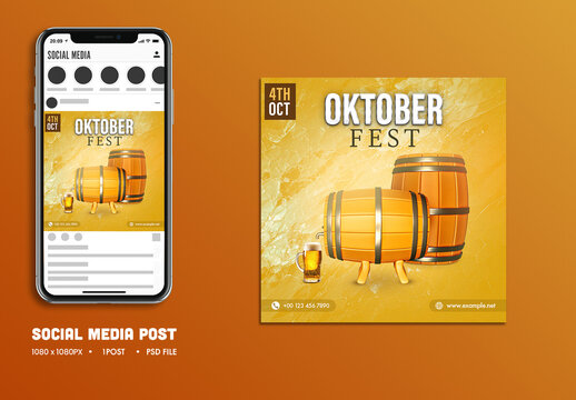 Oktoberfest Beer Festival Social Media Post with Beer Mug and Wooden Barrels, Editable Design.