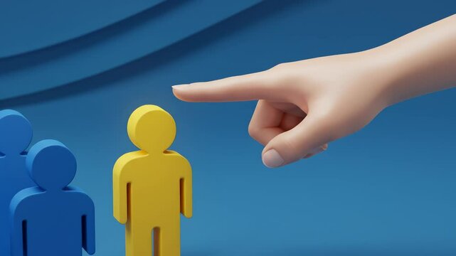 Identifying Top Talent: Hand Selects Unique Yellow Leader from Blue Group. Recruitment, HR & Career Choice Concept.