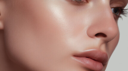 Obraz premium Closeup of cheekbone area under natural white light showing smooth skin texture and soft lips with subtle makeup enhancing natural beauty and healthy complexion