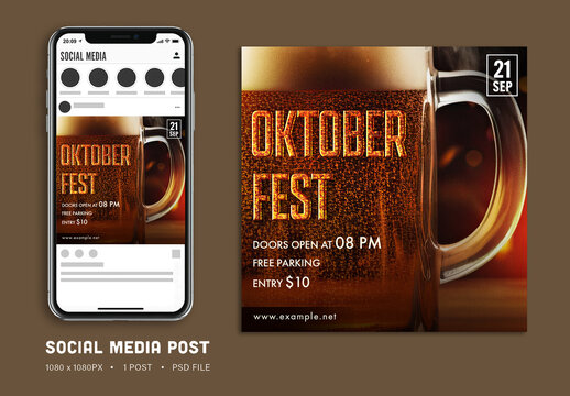 Oktoberfest Beer Party, Editable Social Media Post with Beer Mug.