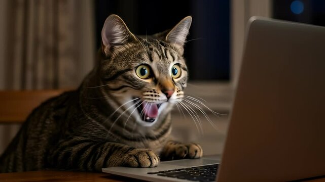 Shocked Tabby Cat Gasps at Laptop Screen: Funny AI Generated Meme, Surprised Kitten Online Reaction, Humorous Pet Video.