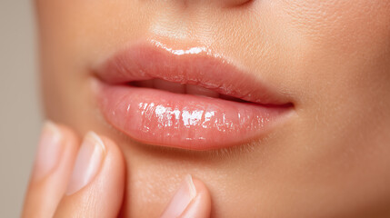 Glossy lips with clear lip balm applied on smooth skin, closeup of natural makeup and healthy hydration, soft fingers touching face gently in beauty care