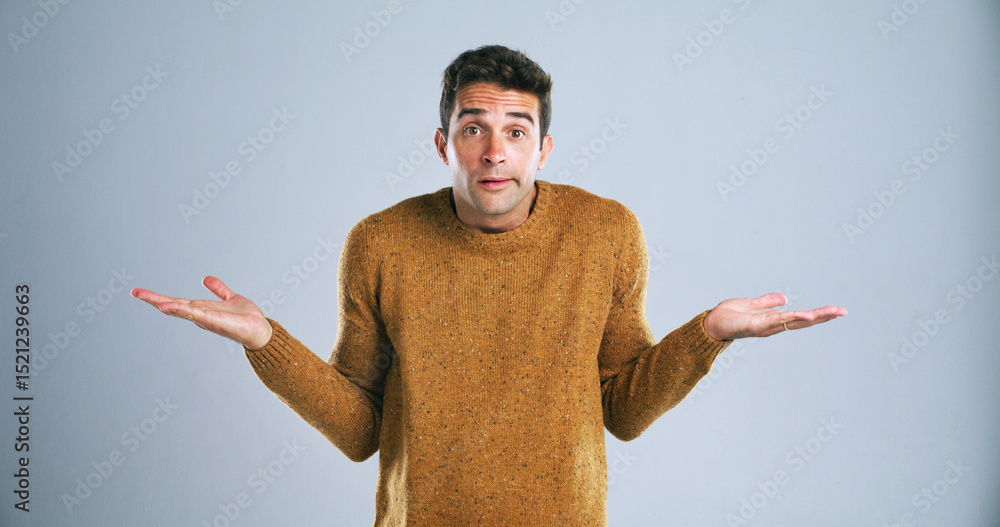 Poster Confused, portrait and shrugging with man in studio for doubt, problem solving or question. Emoji, hand gesture and solution with unsure person on white background for answer, decision or mistake