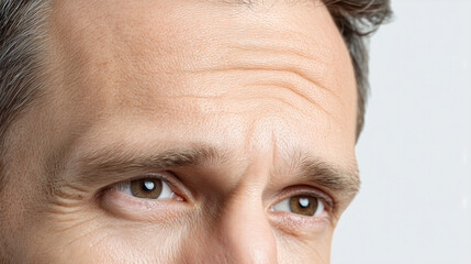 Closeup of man forehead and temple showing healthy skin texture with natural wrinkles and fine lines in soft lighting. brown eyes express calm and focus