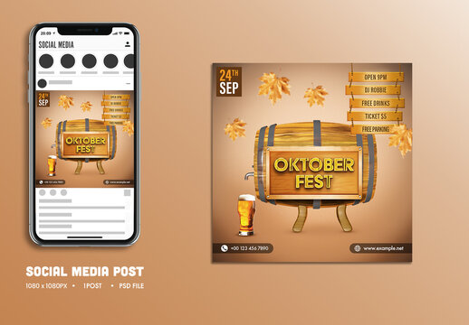 Oktoberfest Social Media Post with Beer Wooden Barrel for DJ Party Promotion, Editable Design.
