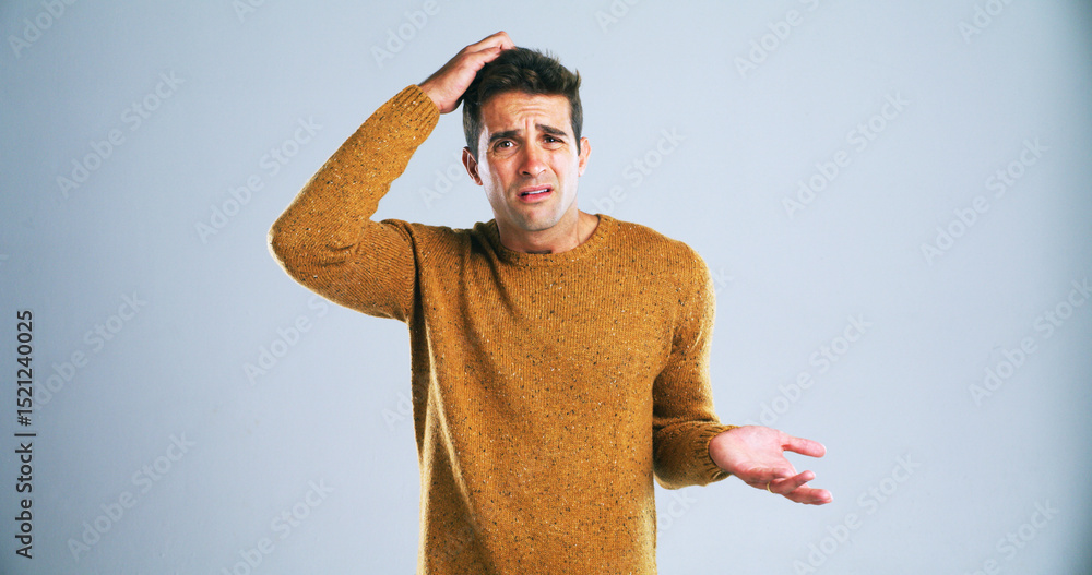 Poster Portrait, scratching head and question with man in studio for doubt, problem solving or solution. Confused, emoji and uncertain with unsure person on white background for answer, decision or mistake