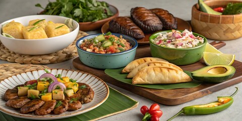 Delicious and healthy chicken and vegetable dishes, including salad, rice, and stew, served on a white plate