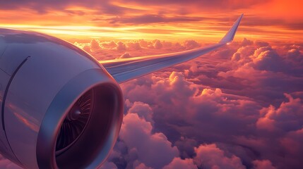 Airplane Wing and Engine at Sunset