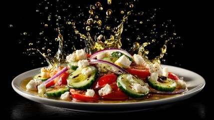 flying Greek salad with splash of olive oil and feta crumbles, perfect lighting, realistic and cinematic style
