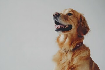 A golden retriever with its mouth open looking up against a plain white background in a studio setting