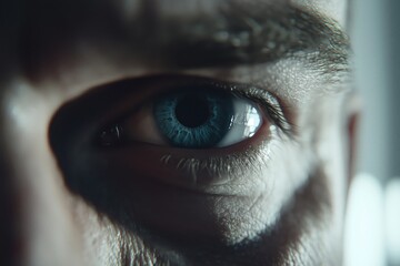 A detailed close-up of a human eye showcasing vibrant blue iris and intricate textures.