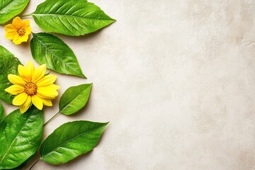 A beautiful arrangement of yellow flowers and green leaves on a textured background.
