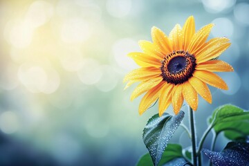 A vibrant sunflower with dew drops against a blurred background.