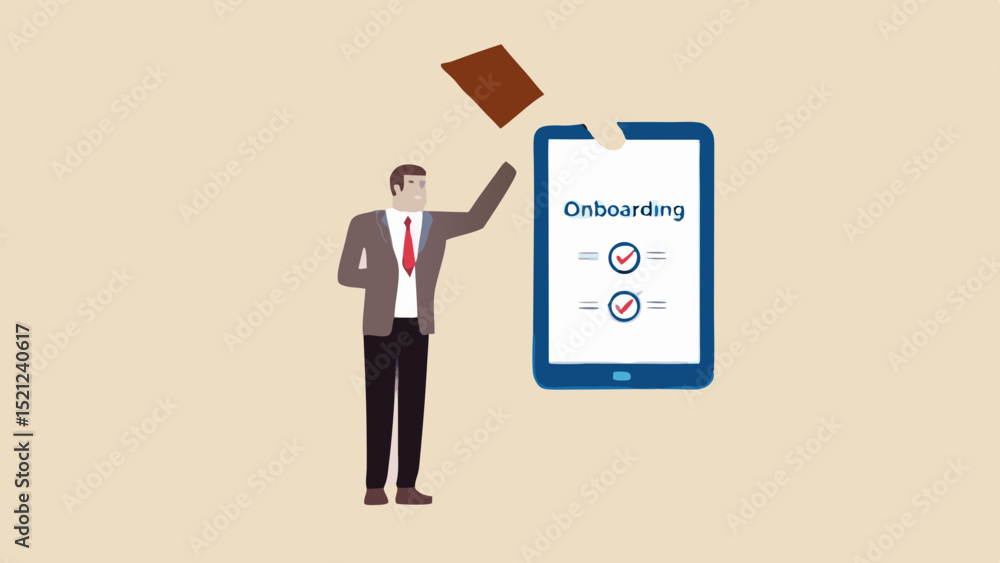 Poster man finishing onboarding checklist on a digital tablet with a document in his hand showing completio
