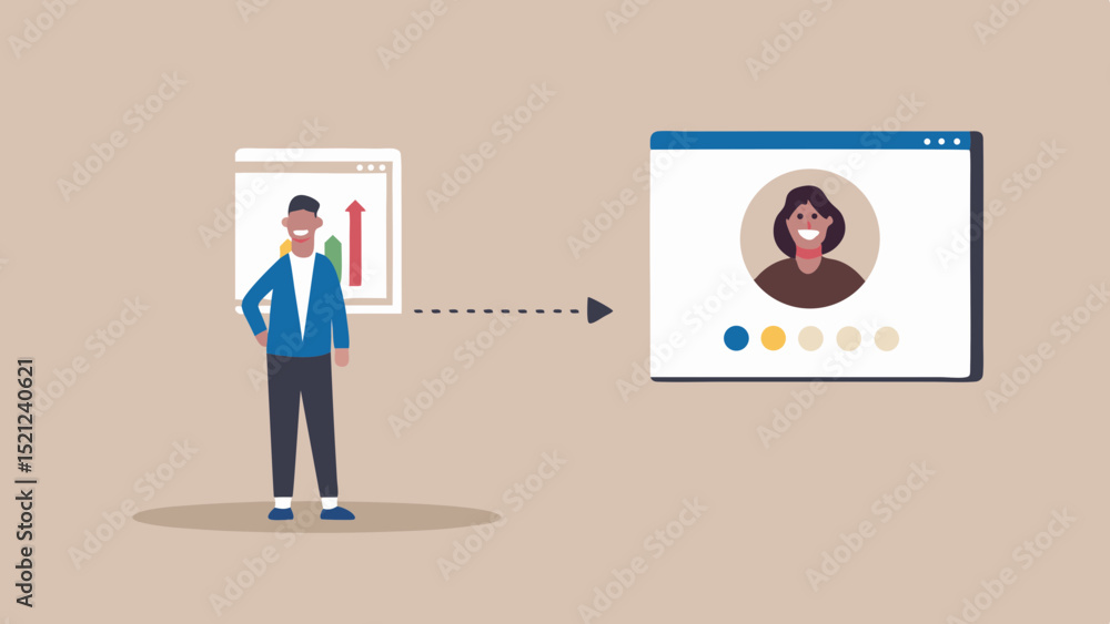 Poster man presenting chart data leading to a woman's profile on a computer screen illustration