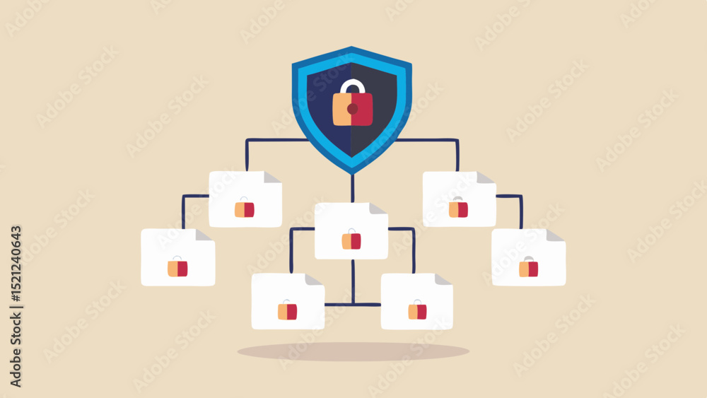 Poster network security illustration featuring a shield with a padlock and connected files with locks