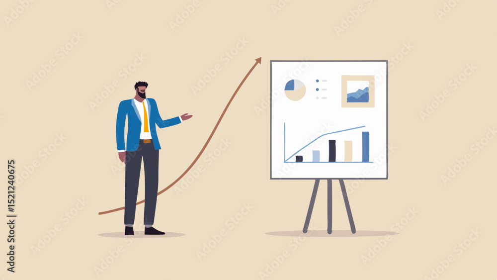 Poster man in suit presenting business data on whiteboard with rising arrow graph and chart diagrams