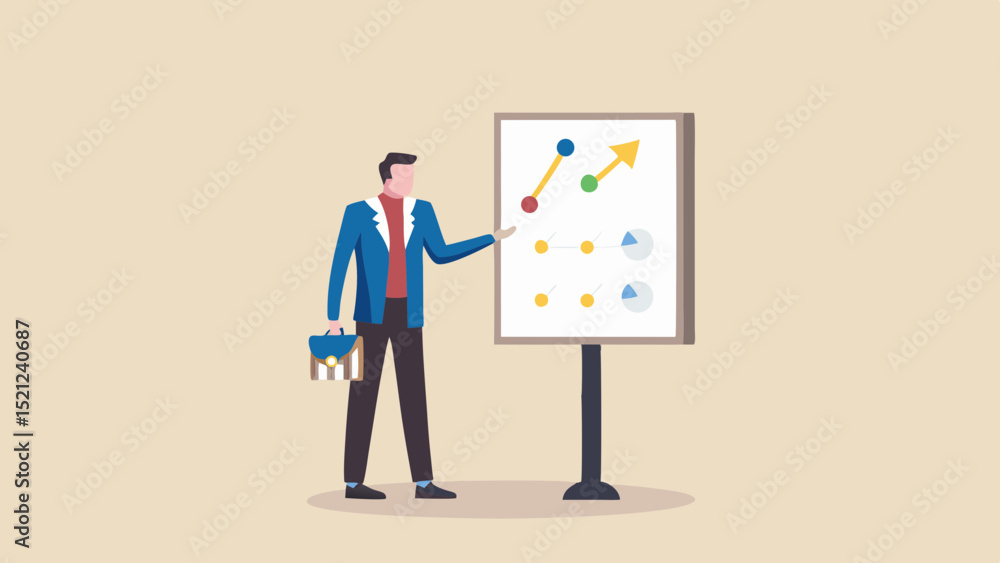 Poster man presenting business data charts and graphs on a whiteboard with a briefcase in his hand