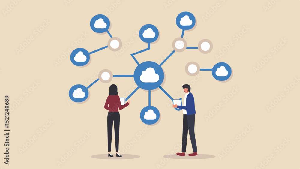 Aufkleber illustration of cloud network with two people connecting through their digital devices and cloud com