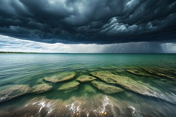 A powerful storm with dark clouds and lightning over a tranquil lake.