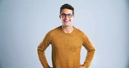Confident, happy and portrait of man in studio with smile, pride and positive attitude for job...
