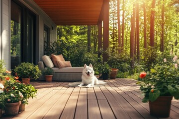 A happy white dog sitting on a mat on a wooden porch surrounded by plants.
