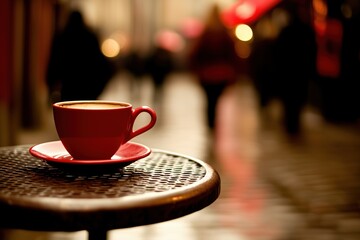 A red coffee cup on a wooden table with a blurred street background.