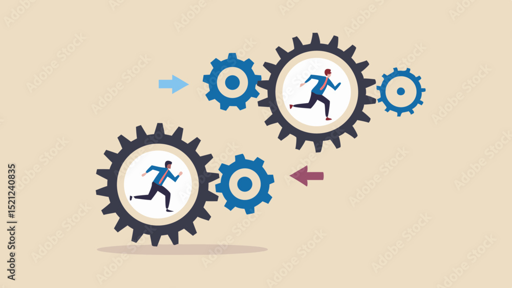 Aufkleber two men running inside gears with arrows indicating direction and movement of the system parts
