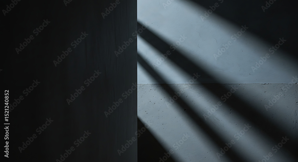 Poster minimalist abstract composition of dramatic light and deep shadows falling across a textured wall, c