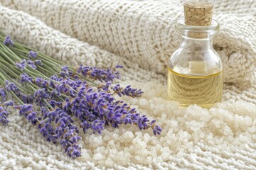 A bottle of lavender essential oil next to fresh lavender flowers and sea salt on a textured background.