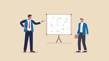 Fototapeta premium Two businessmen discussing strategy on a whiteboard with arrows and circles in a presentation setting
