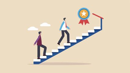 Two men climbing stairs towards a golden star badge, representing success and achievement in business