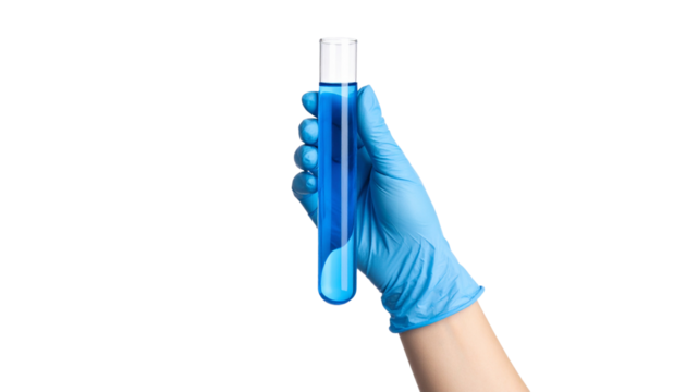Scientist’s gloved hand holding a test tube with blue liquid, isolated on transparent background