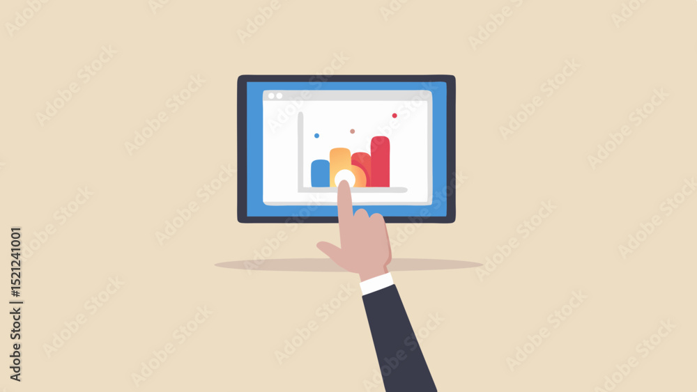 Poster hand touching a tablet displaying a colorful bar graph on a beige background illustration