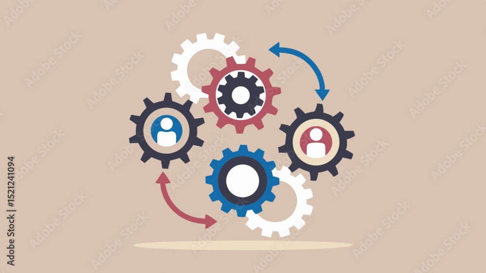 Poster illustration showing gears with people icons and arrows representing process flow and teamwork dynam