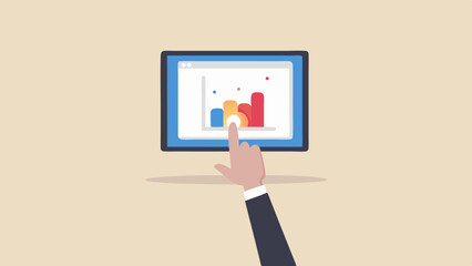 Hand touching a tablet displaying a colorful bar graph on a beige background illustration