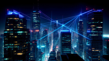 Obraz premium Futuristic city skyline at night with glowing network connections illustration