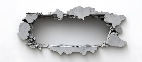 A rectangular hole in a gray wall showing broken concrete and a white background through the opening