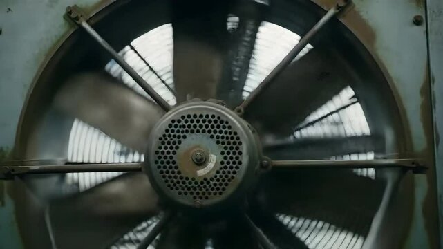 Close-up of Industrial Ventilation Fan with Spinning Metal Blades