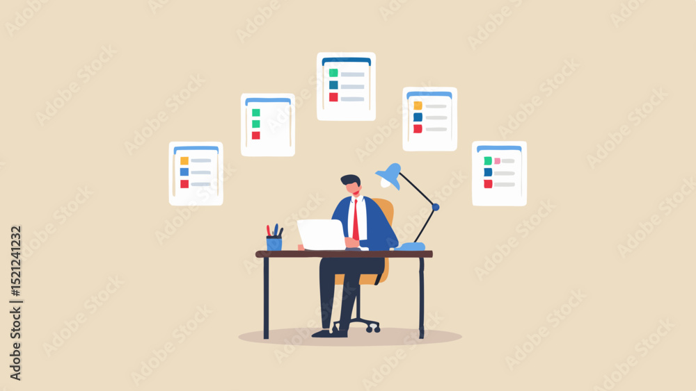 Poster man in suit working at desk with laptop under lamp and documents floating around him in a beige room