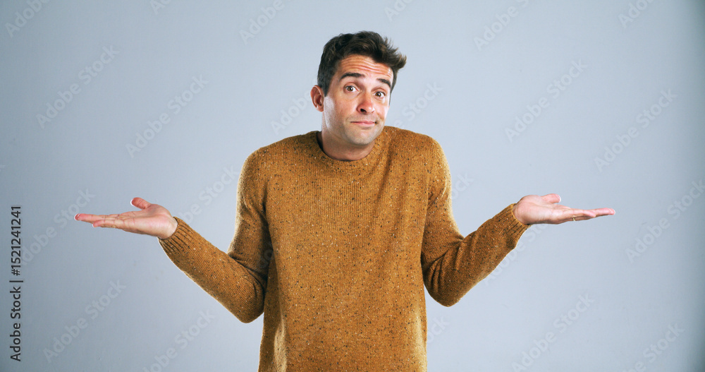 Fototapete portrait, shrugging and question with man in studio for doubt, problem solving or solution. emoji, h