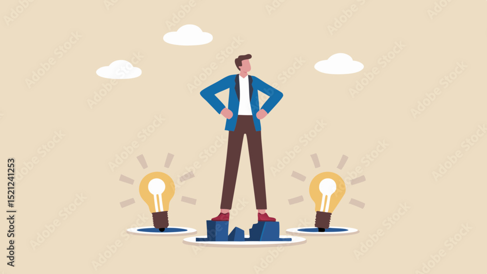 Poster man standing on blocks between light bulbs with clouds in the background in a flat illustration