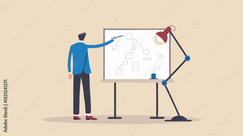 Poster man in suit presenting flowchart on whiteboard with lamp and cup on table in light brown room