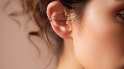Closeup of ear and side of face with soft lighting highlighting smooth skin and natural texture, showing delicate hair strands and gentle curves in warm tones