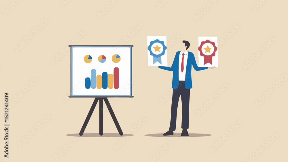 Poster man presents chart on stand while holding awards in a business presentation setting for company grow