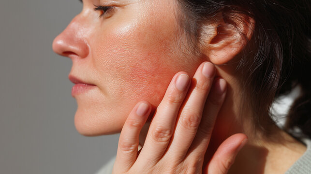 Red irritated skin on cheek of woman pressing face with hand, showing sensitive skin condition and discomfort in closeup side profile view
