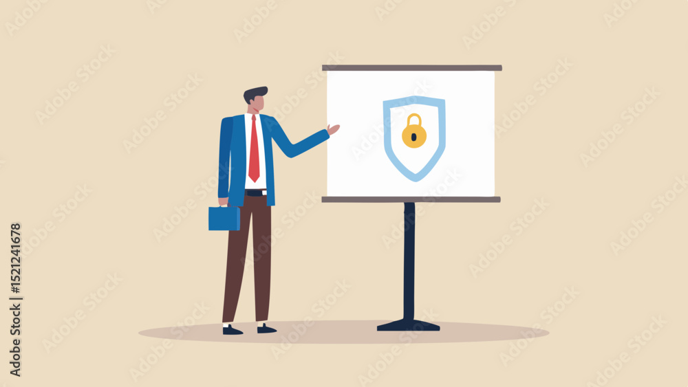 Poster man presenting security concept with shield and padlock on whiteboard during business meeting sessio