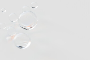 Bubbles white background. 3d rendering elegant beauty, skincare, and hydration concept, symbolizing purity, freshness, and gentle moisturizing care.