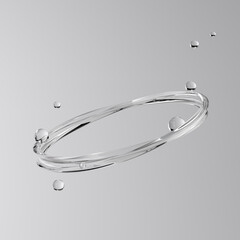3D render illustration: Dynamic, reflective liquid splash with floating abstract spheres. Fluid art on a gray background, beauty product decoration or luxury cosmetic concepts.